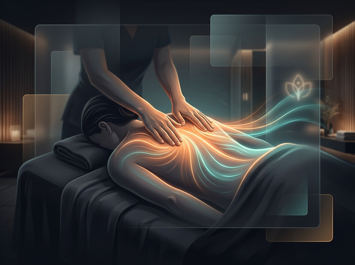 Massagem terapêutica em andamento com ondas luminosas de energia laranja e verde água indicando liberação somática de tensões na fáscia muscular