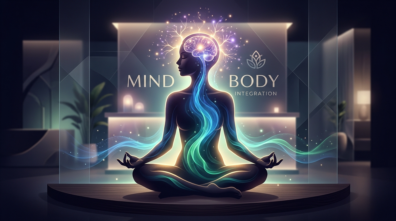 Ilustração da Integração Mente e Corpo exibindo uma silhueta meditativa com sinapses brilhantes e fluxos de energia curativa