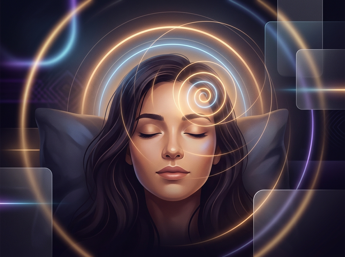 Desenho digital de uma mulher relaxada em transe hipnótico com círculos concêntricos luminosos saindo de sua mente